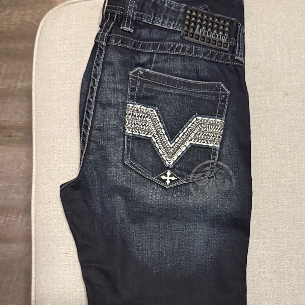Affliction Men's Navy Jeans with Silver Stitching